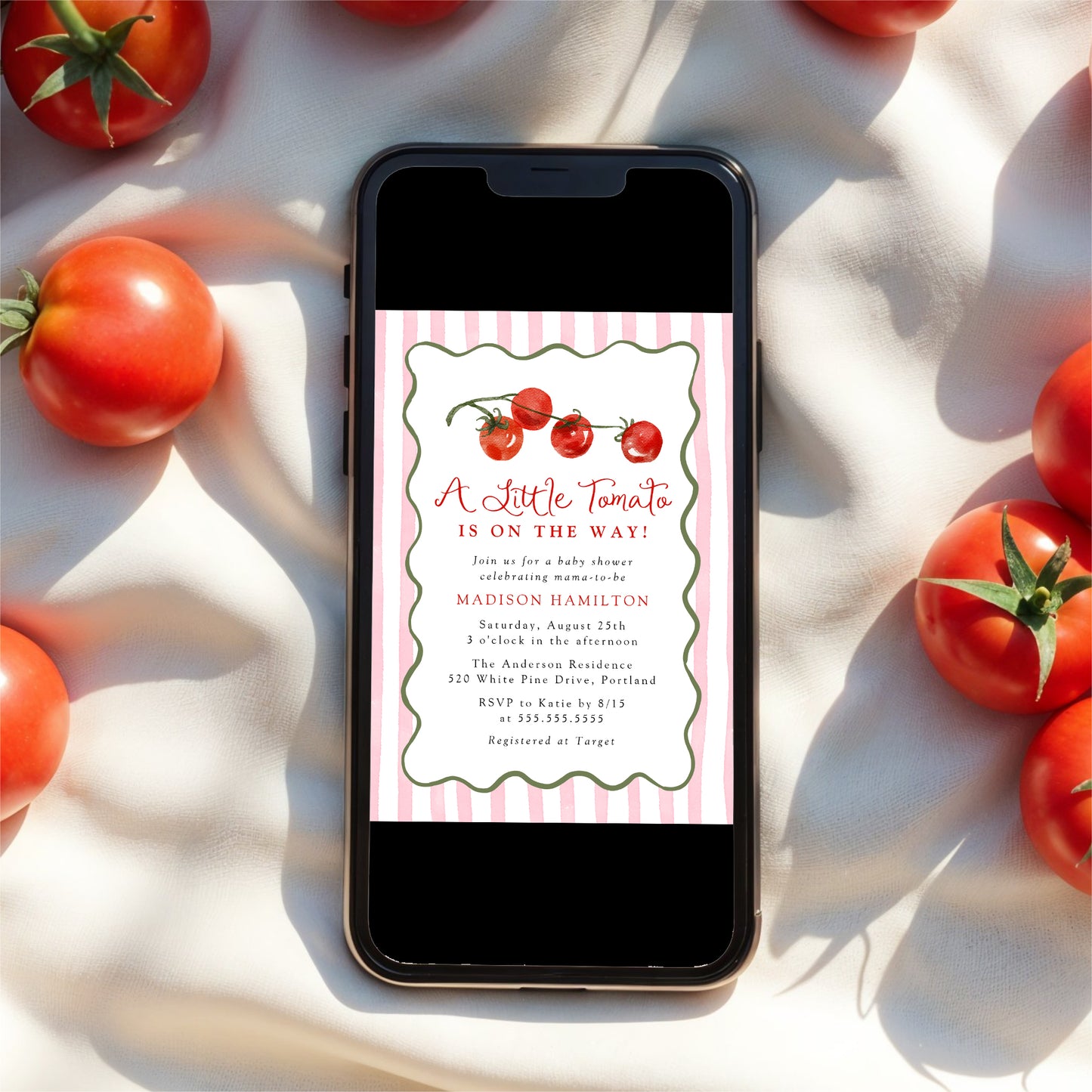 A Little Tomato Is on the Way Pink Baby Shower Invitation | Corjl Template