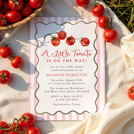 A Little Tomato Is on the Way Pink Baby Shower Invitation | Corjl Template
