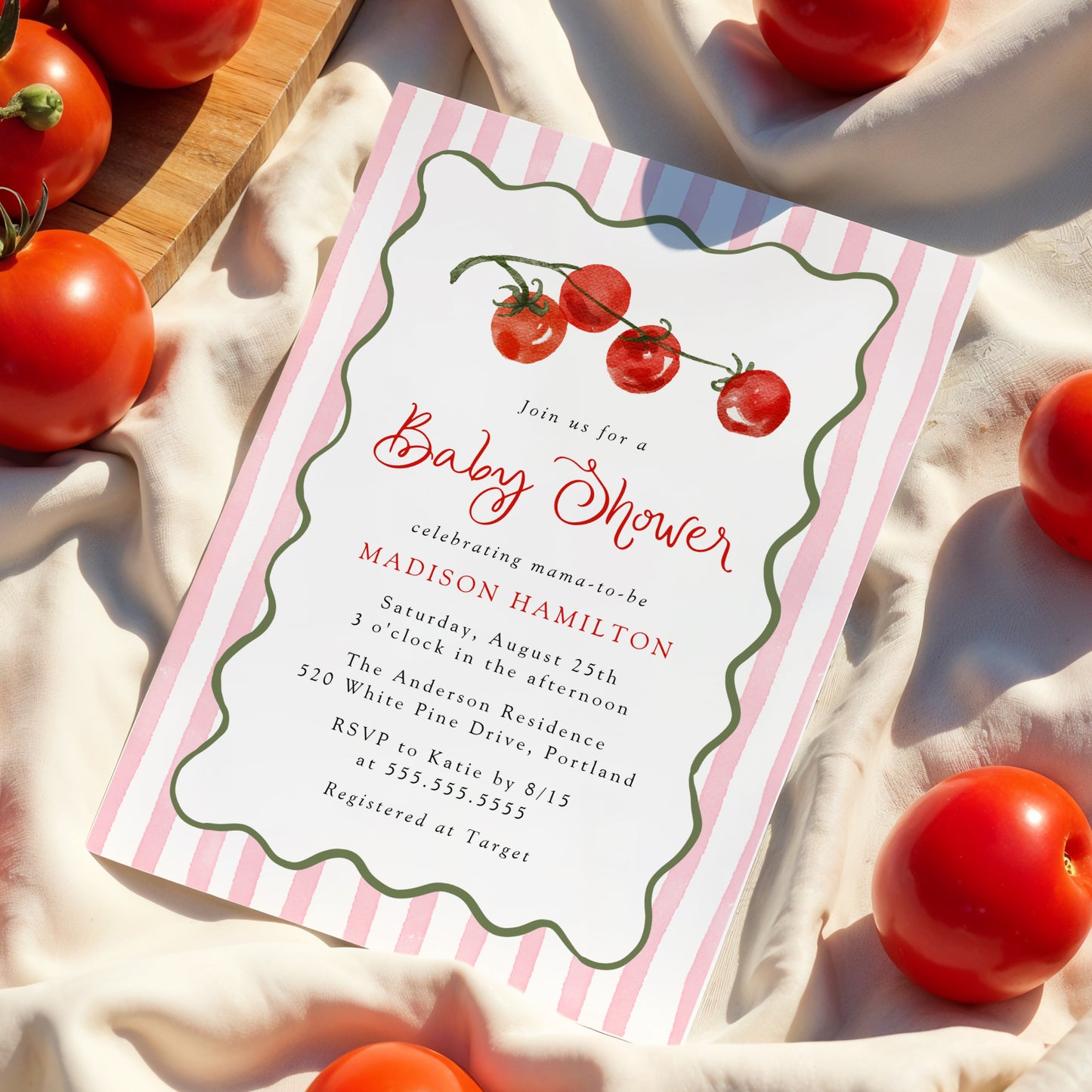 Cute Little Tomato Pink Baby Shower Invitation | Corjl Template