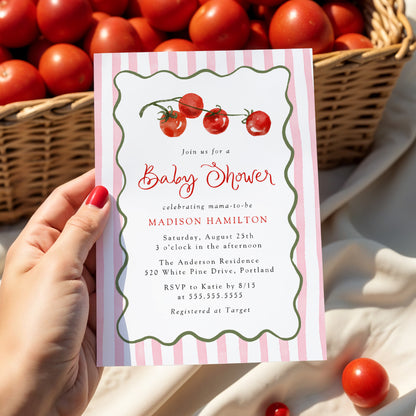 Cute Little Tomato Pink Baby Shower Invitation | Corjl Template