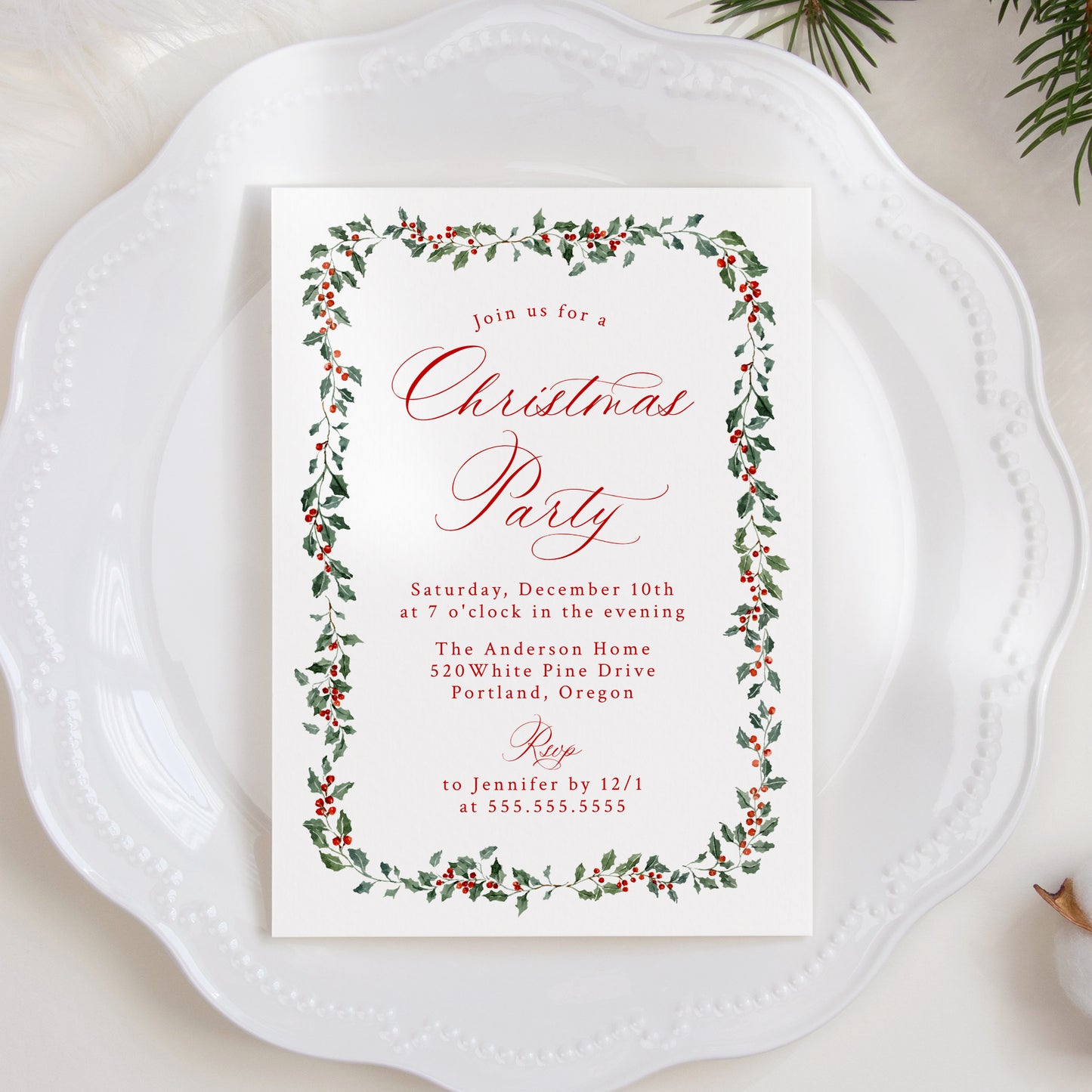 Elegant Holly Berries and Greenery Christmas Party Invitation | Corjl Template