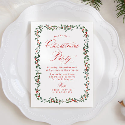 Elegant Holly Berries and Greenery Christmas Party Invitation | Corjl Template