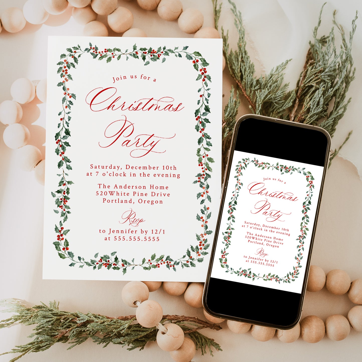 Elegant Holly Berries and Greenery Christmas Party Invitation | Corjl Template