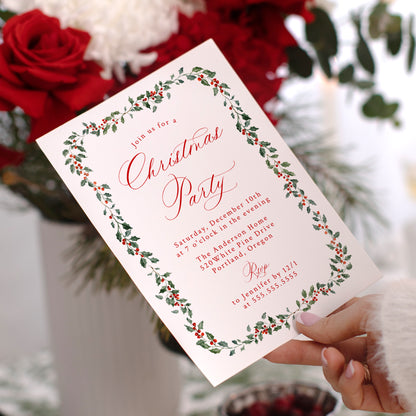 Elegant Holly Berries and Greenery Christmas Party Invitation | Corjl Template
