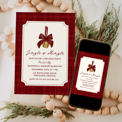 Elegant Jingle and Mingle Burgundy Plaid Christmas Party Invitation | Corjl Template