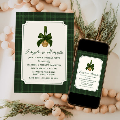 Elegant Jingle and Mingle Green Plaid Christmas Party Invitation | Corjl Template