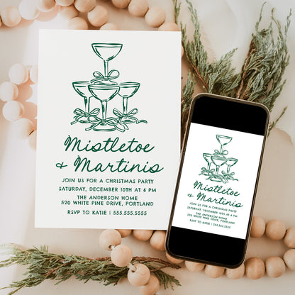 Elegant Mistletoe and Martinis Green Christmas Party Invitation | Corjl Template