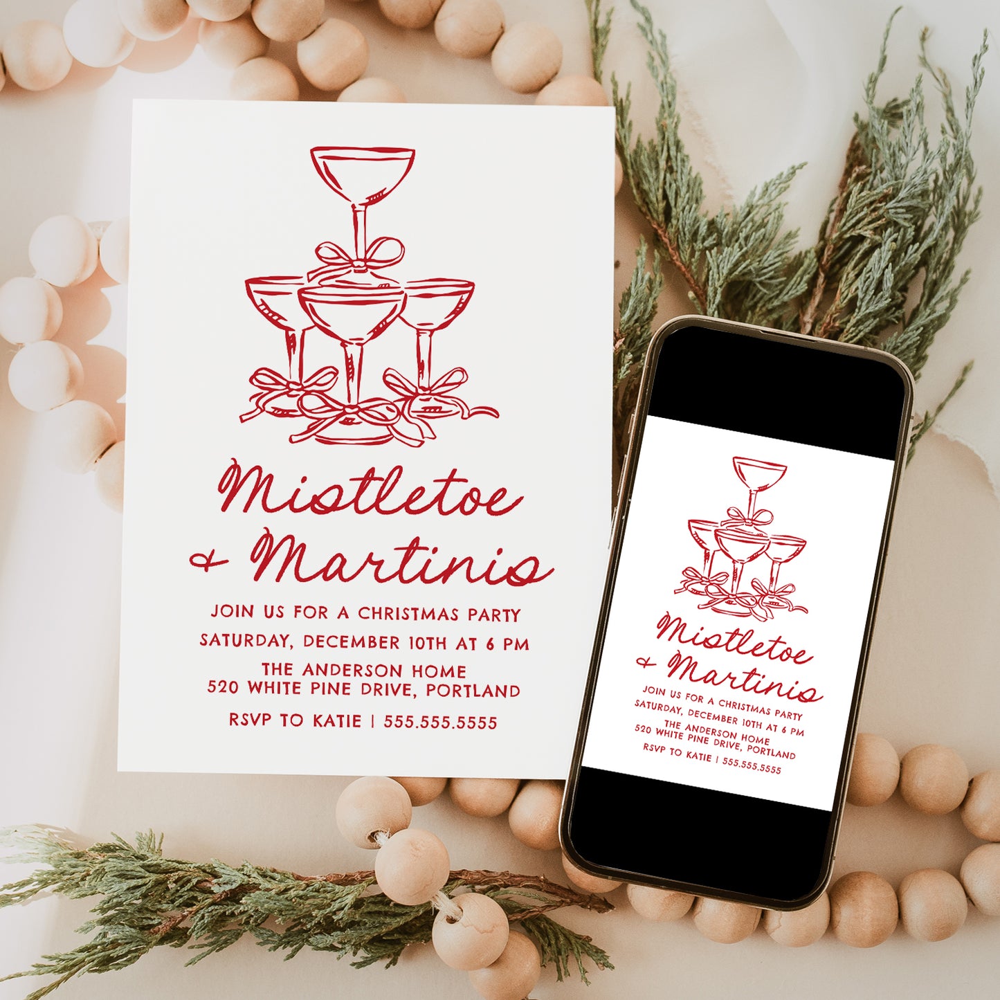 Elegant Mistletoe and Martinis Red Christmas Party Invitation | Corjl Template