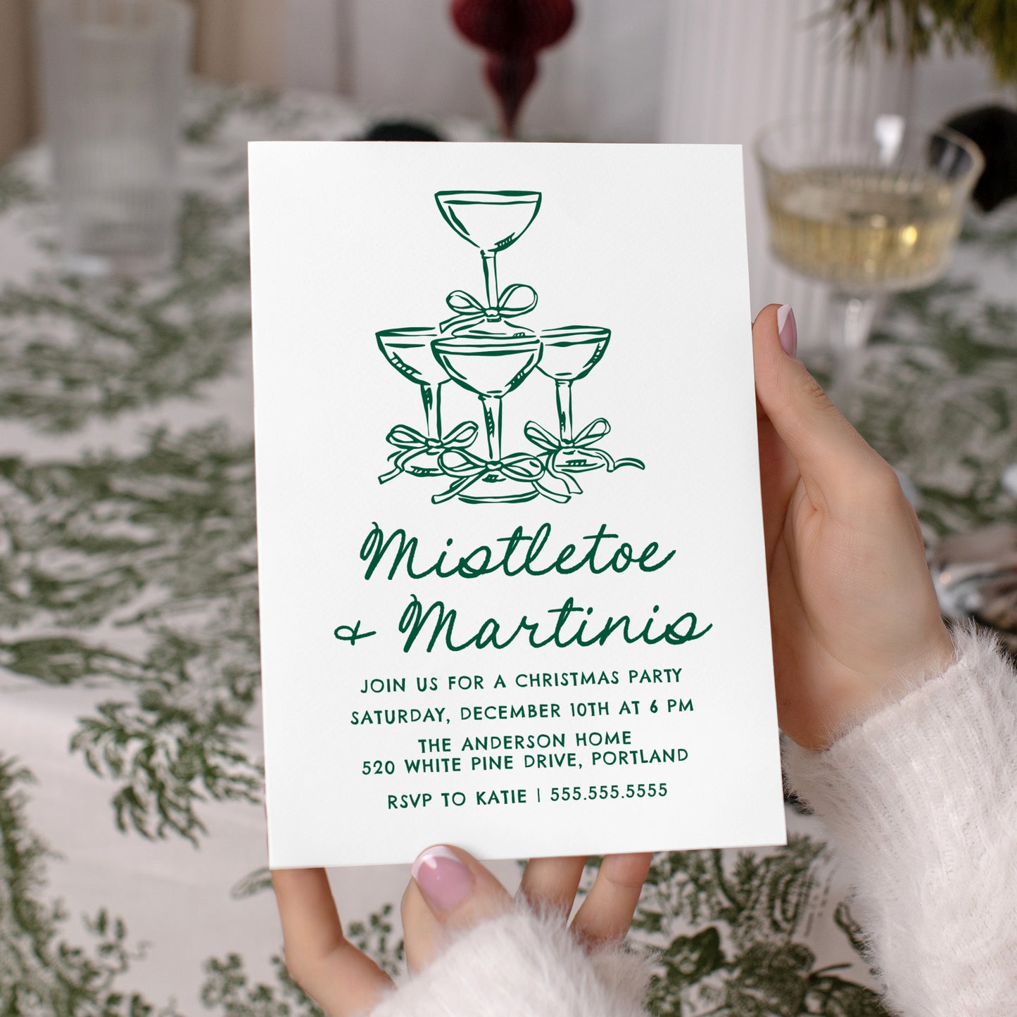 Elegant Mistletoe and Martinis Green Christmas Party Invitation | Corjl Template