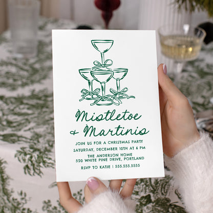 Elegant Mistletoe and Martinis Green Christmas Party Invitation | Corjl Template