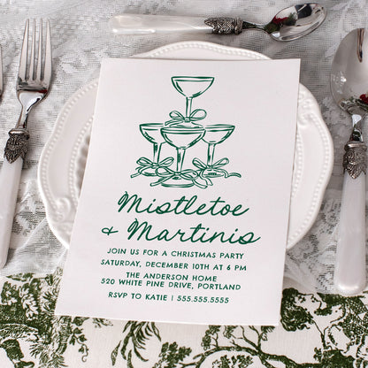 Elegant Mistletoe and Martinis Green Christmas Party Invitation | Corjl Template