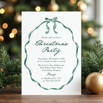 Elegant Green Ribbon Frame Christmas Party Invitation | Corjl Template