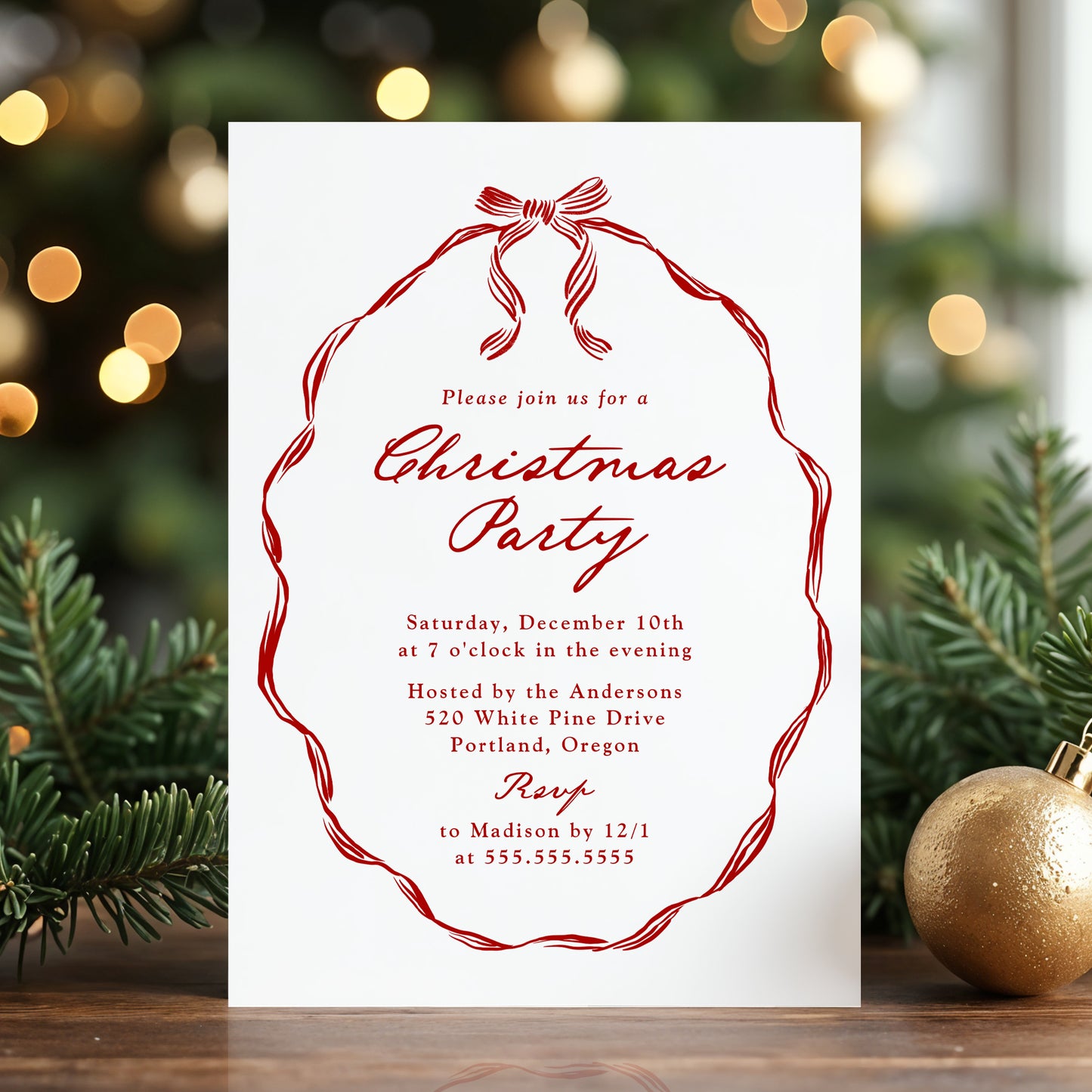 Elegant Red Ribbon Frame Christmas Party Invitation | Corjl Template
