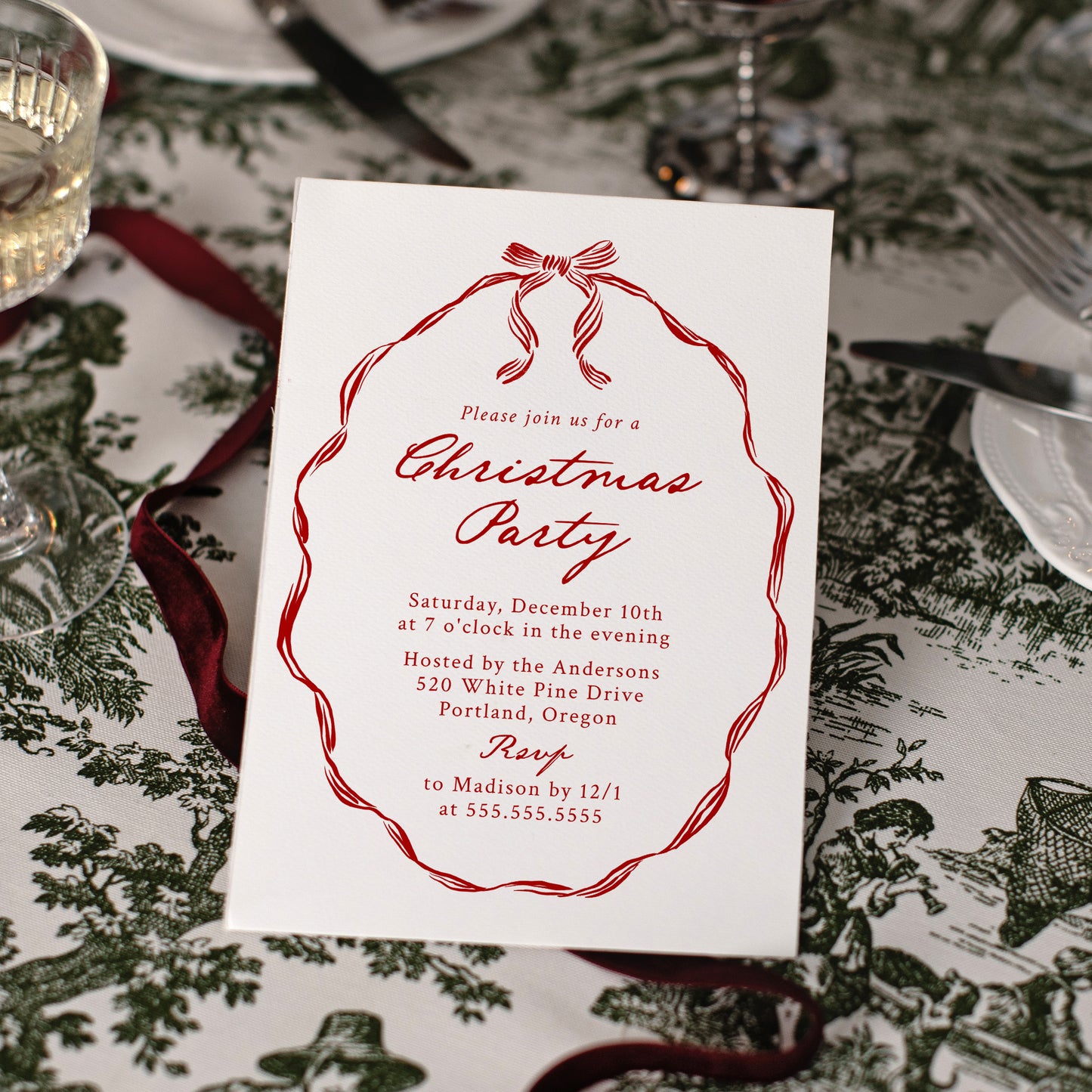 Elegant Red Ribbon Frame Christmas Party Invitation | Corjl Template