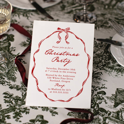 Elegant Red Ribbon Frame Christmas Party Invitation | Corjl Template