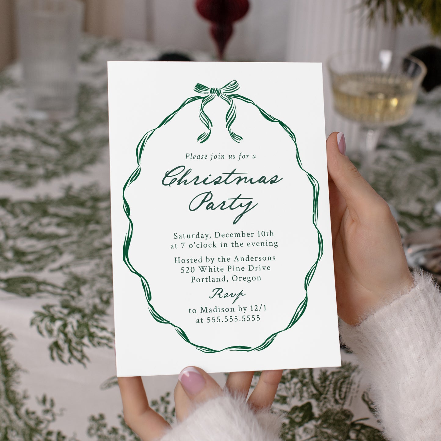 Elegant Green Ribbon Frame Christmas Party Invitation | Corjl Template