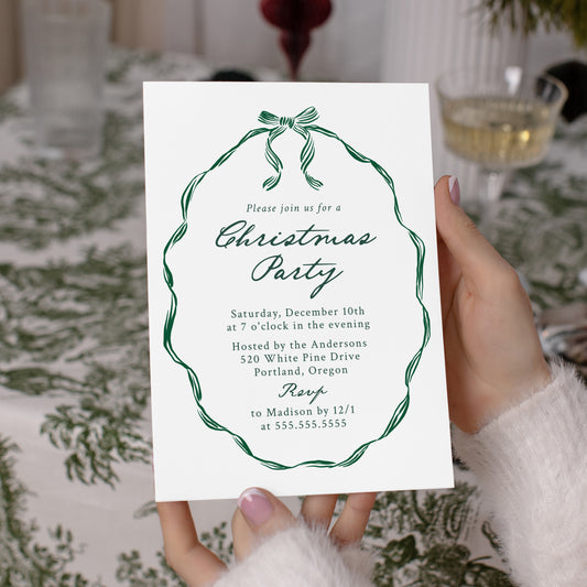 Elegant Green Ribbon Frame Christmas Party Invitation | Corjl Template