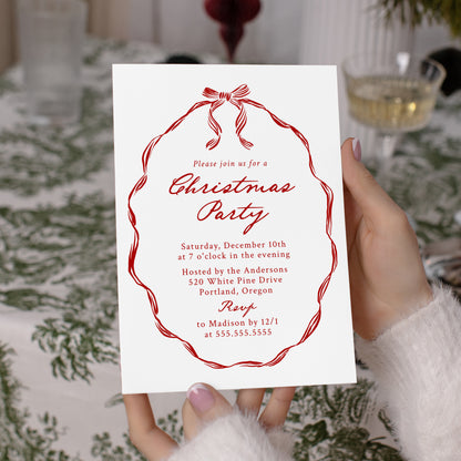 Elegant Red Ribbon Frame Christmas Party Invitation | Corjl Template