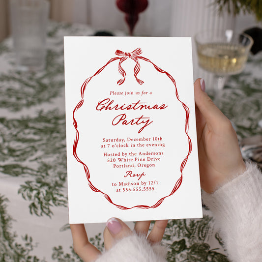 Elegant Red Ribbon Frame Christmas Party Invitation | Corjl Template