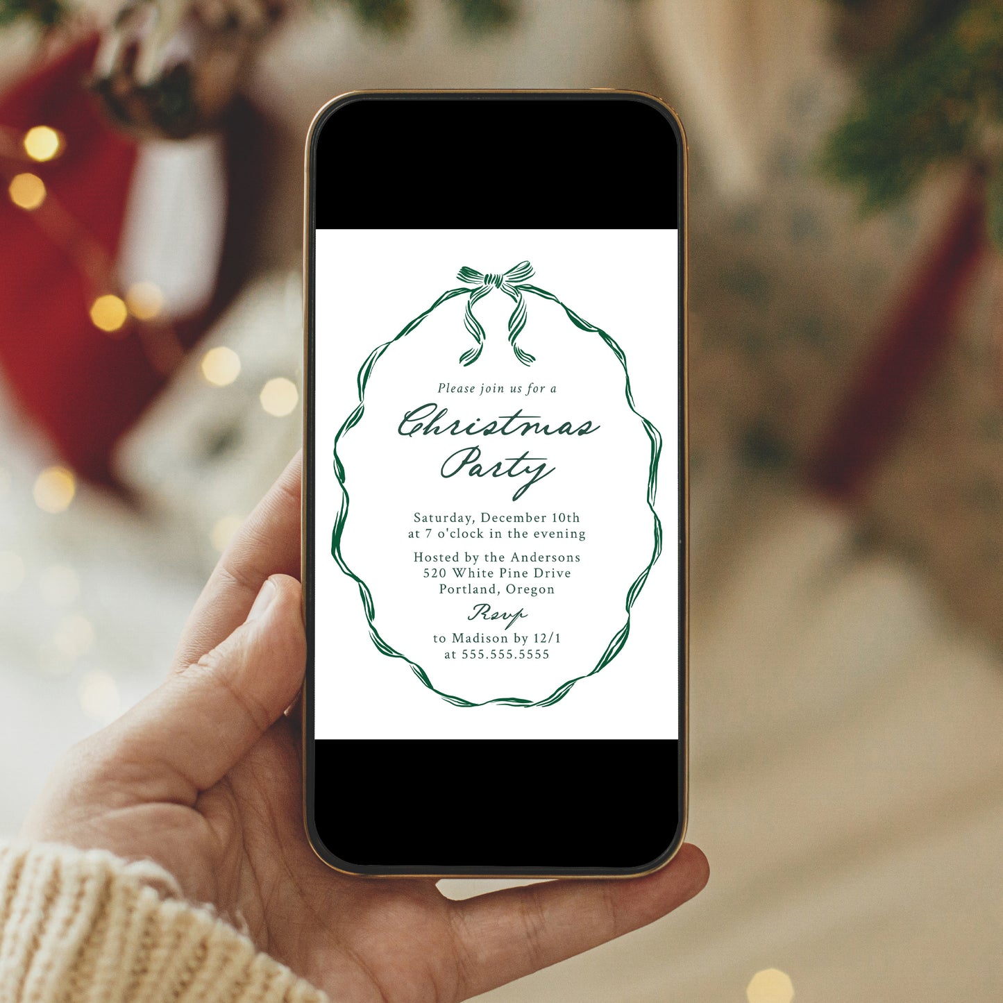 Elegant Green Ribbon Frame Christmas Party Invitation | Corjl Template