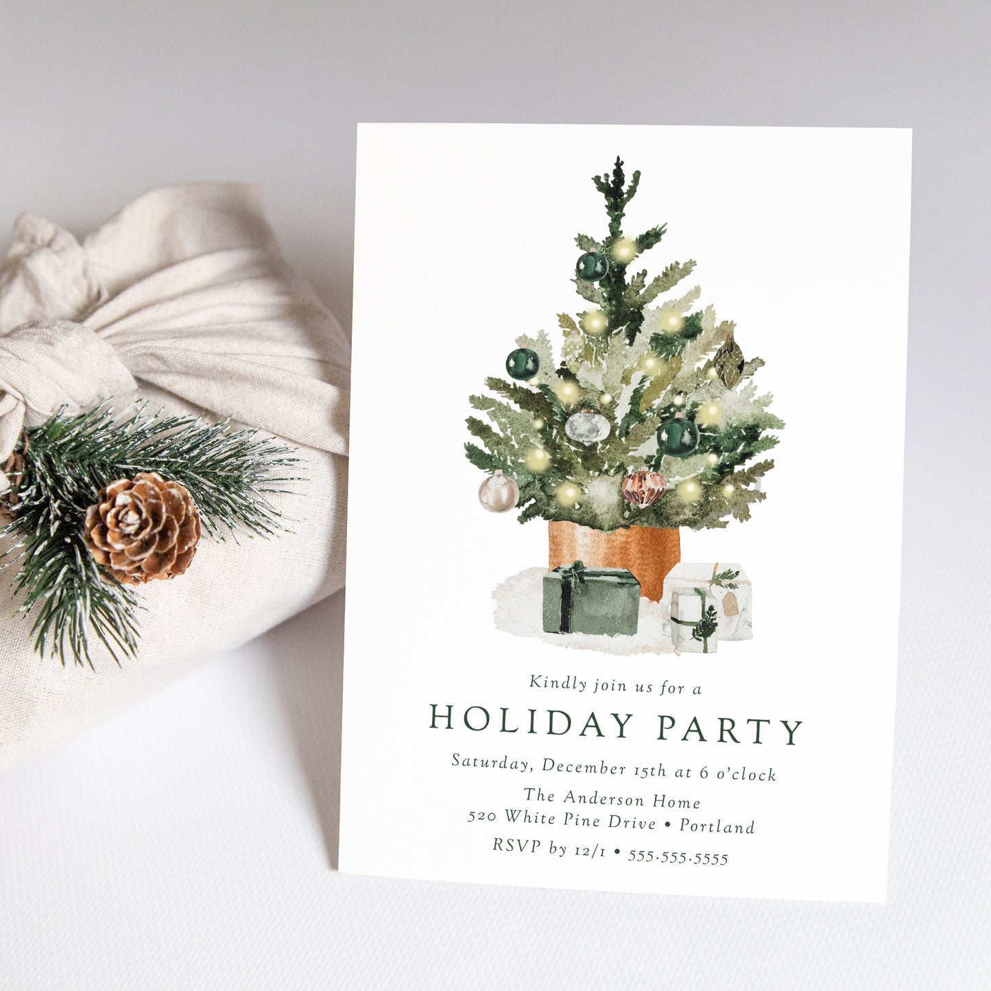 Elegant Watercolor Christmas Tree Holiday Party Invitation | Corjl Template