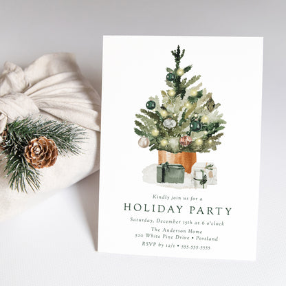 Elegant Watercolor Christmas Tree Holiday Party Invitation | Corjl Template