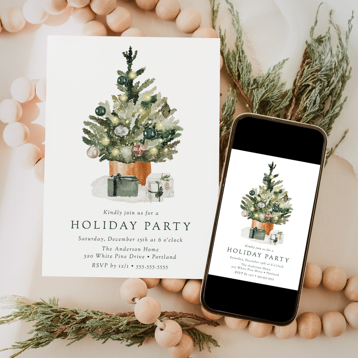 Elegant Watercolor Christmas Tree Holiday Party Invitation | Corjl Template
