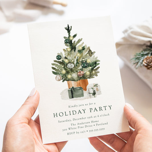 Elegant Watercolor Christmas Tree Holiday Party Invitation | Corjl Template