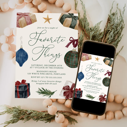 Elegant Watercolor Favorite Things Christmas Party Invitation | Corjl Template