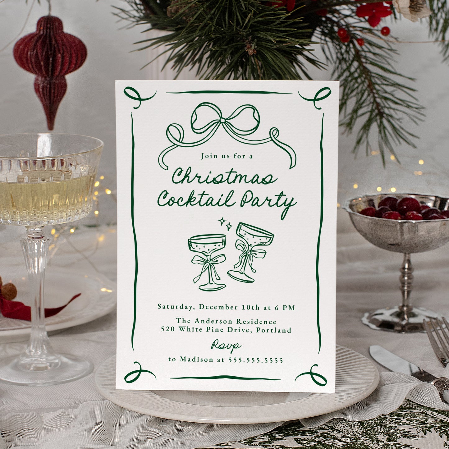 Whimsical Hand-Drawn Green Bow Christmas Cocktail Party Invitation | Corjl Template