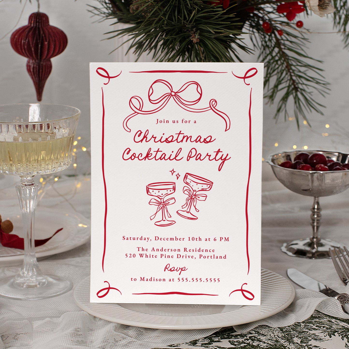 Whimsical Hand-Drawn Red Bow Christmas Cocktail Party Invitation | Corjl Template