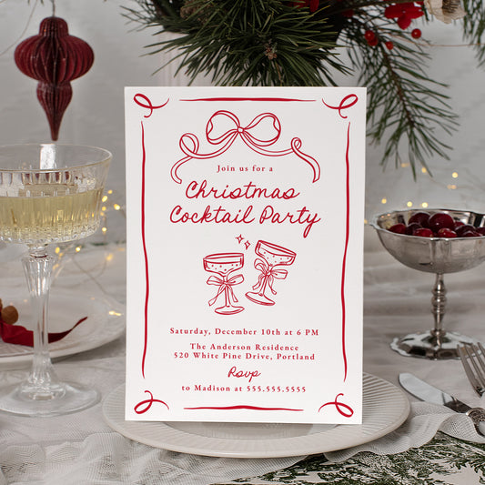 Whimsical Hand-Drawn Red Bow Christmas Cocktail Party Invitation | Corjl Template