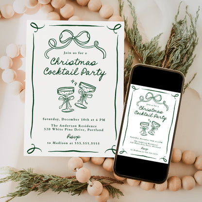Whimsical Hand-Drawn Green Bow Christmas Cocktail Party Invitation | Corjl Template