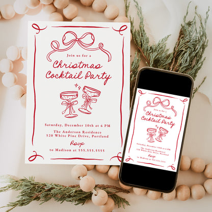 Whimsical Hand-Drawn Red Bow Christmas Cocktail Party Invitation | Corjl Template