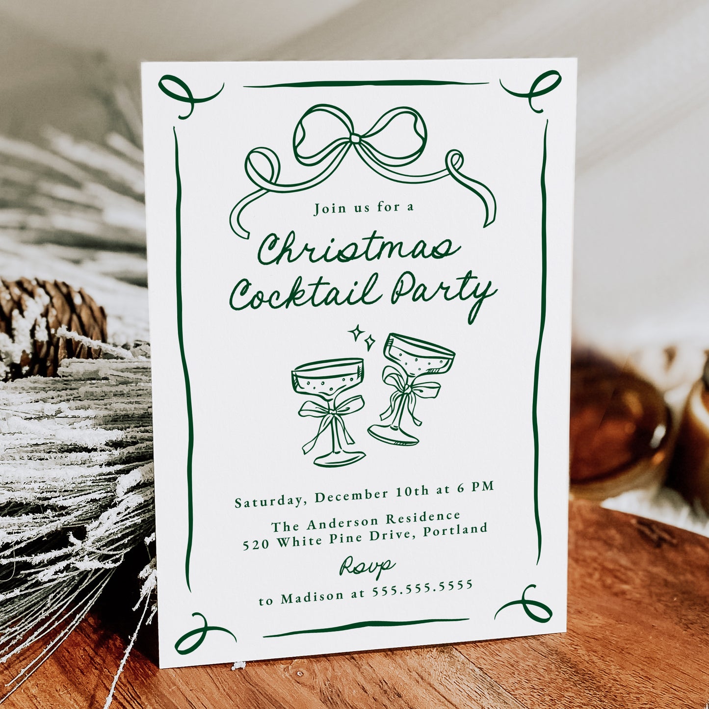 Whimsical Hand-Drawn Green Bow Christmas Cocktail Party Invitation | Corjl Template