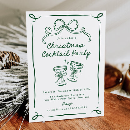 Whimsical Hand-Drawn Green Bow Christmas Cocktail Party Invitation | Corjl Template