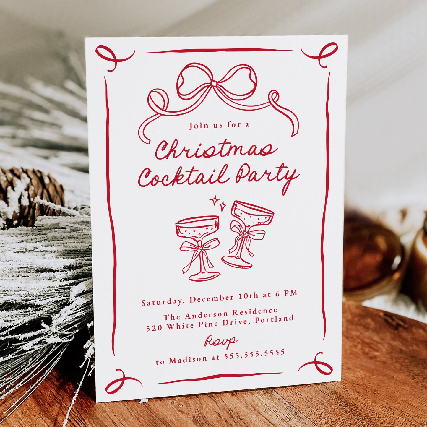 Whimsical Hand-Drawn Red Bow Christmas Cocktail Party Invitation | Corjl Template