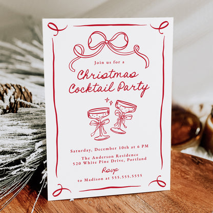 Whimsical Hand-Drawn Red Bow Christmas Cocktail Party Invitation | Corjl Template