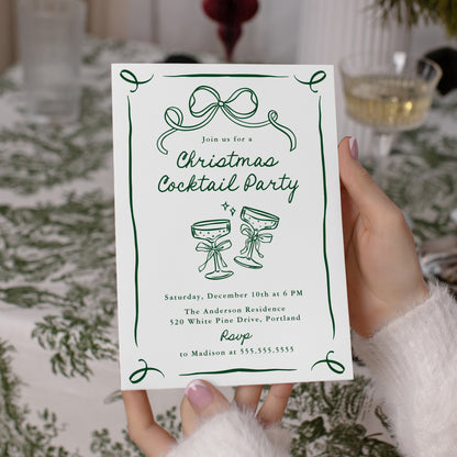 Whimsical Hand-Drawn Green Bow Christmas Cocktail Party Invitation | Corjl Template