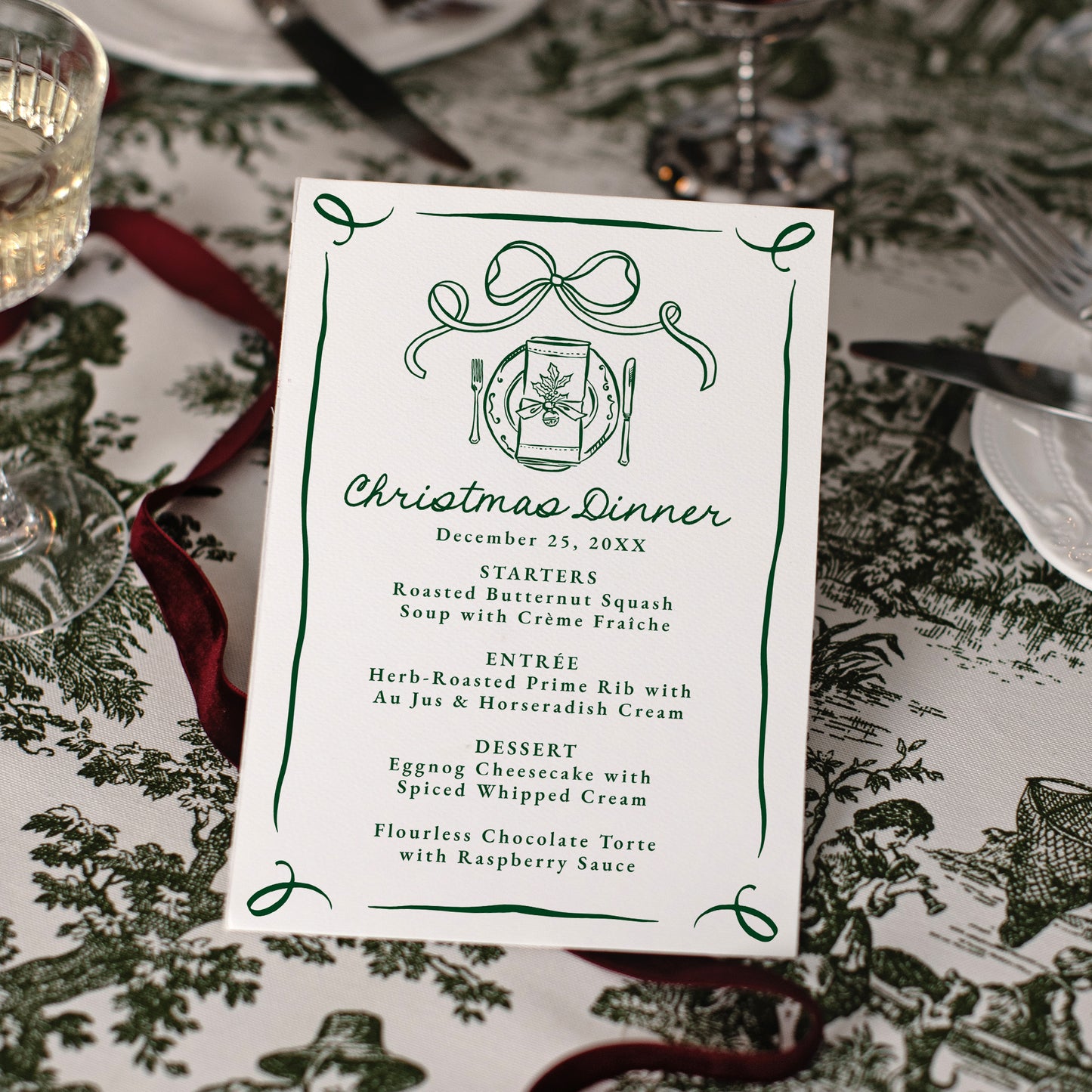 Whimsical Hand-Drawn Green Bow Christmas Dinner Menu | Corjl Template