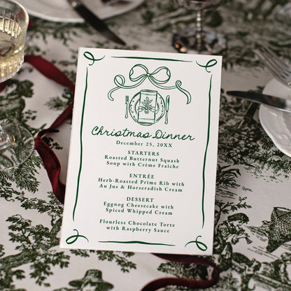 Whimsical Hand-Drawn Green Bow Christmas Dinner Menu | Corjl Template