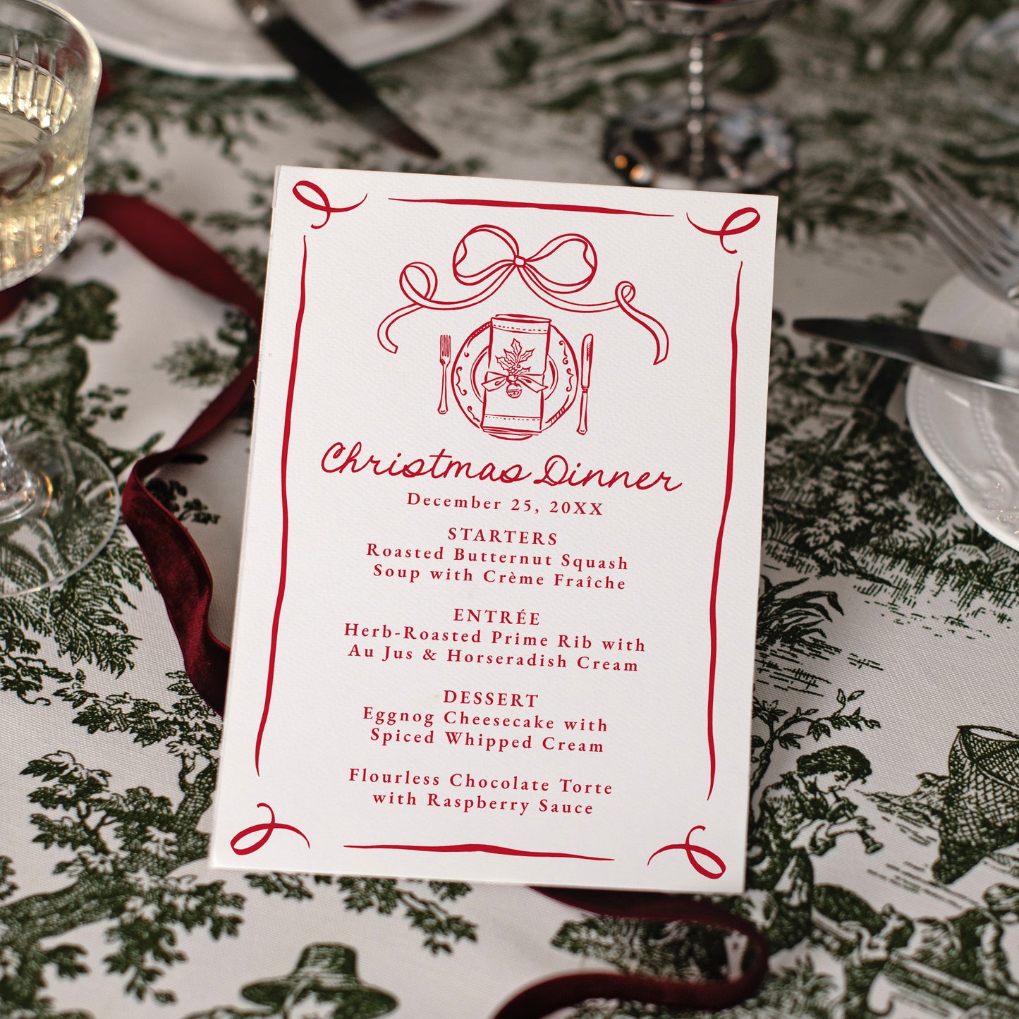 Whimsical Hand-Drawn Red Bow Christmas Dinner Menu | Corjl Template