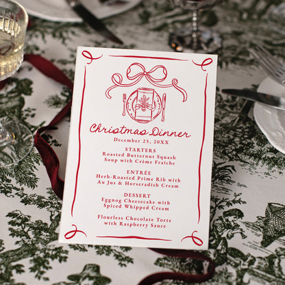Whimsical Hand-Drawn Red Bow Christmas Dinner Menu | Corjl Template