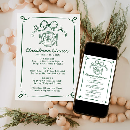 Whimsical Hand-Drawn Green Bow Christmas Dinner Menu | Corjl Template