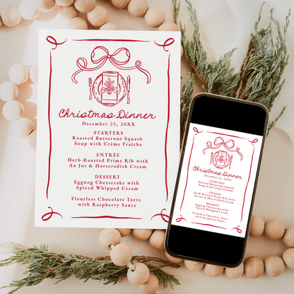 Whimsical Hand-Drawn Red Bow Christmas Dinner Menu | Corjl Template