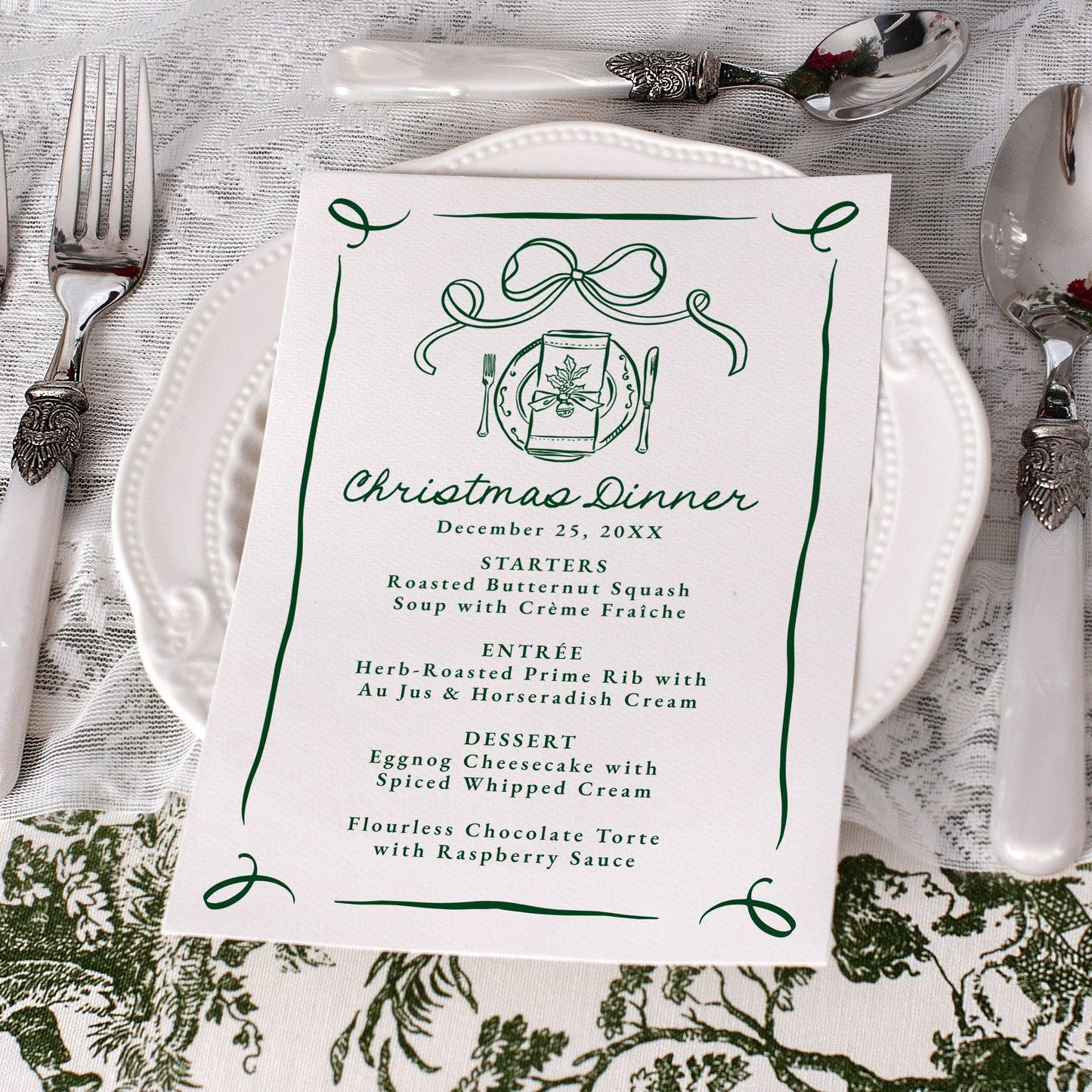 Whimsical Hand-Drawn Green Bow Christmas Dinner Menu | Corjl Template
