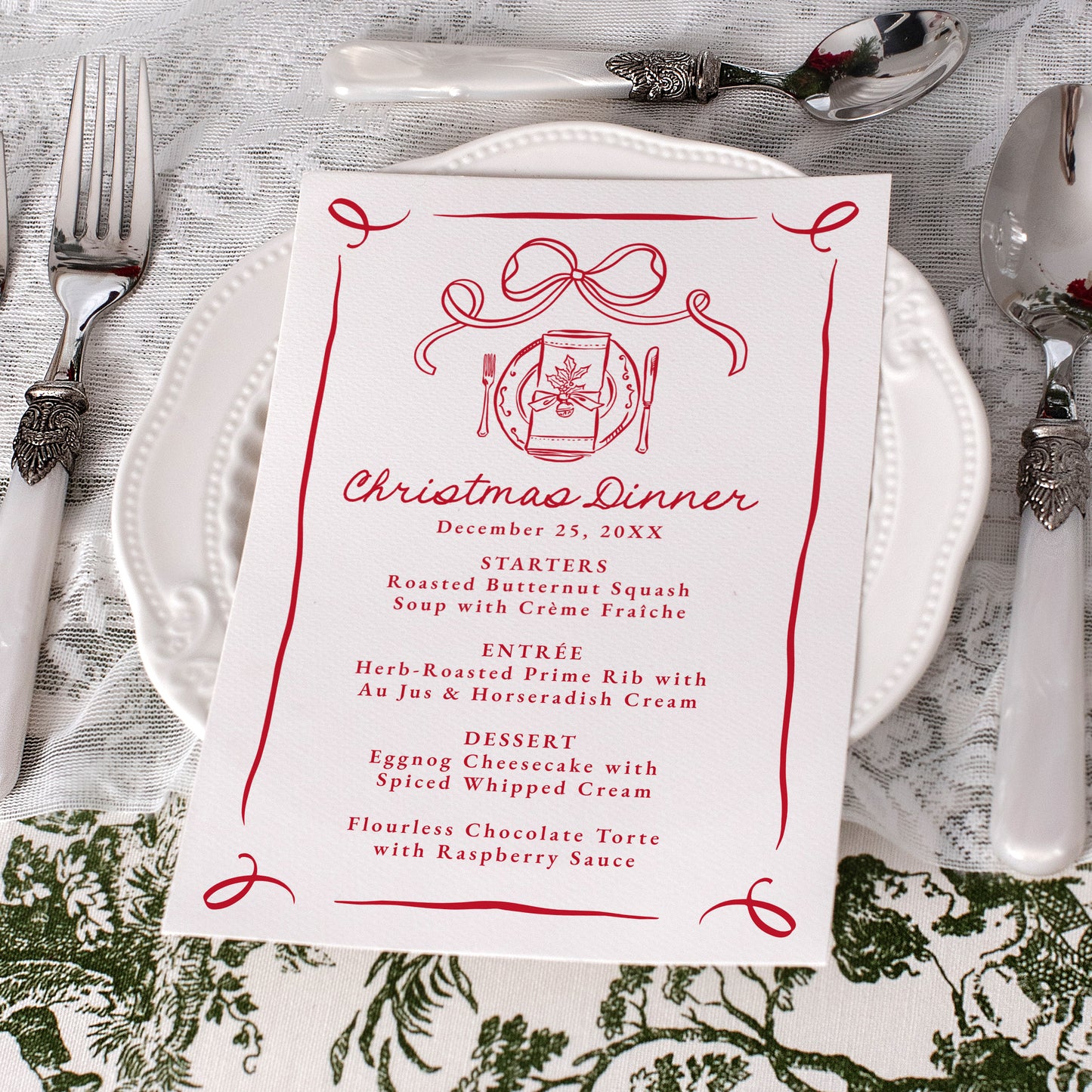 Whimsical Hand-Drawn Red Bow Christmas Dinner Menu | Corjl Template