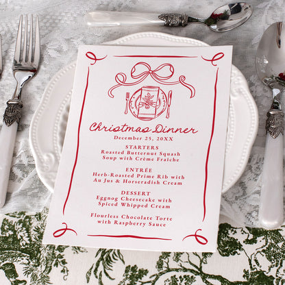 Whimsical Hand-Drawn Red Bow Christmas Dinner Menu | Corjl Template