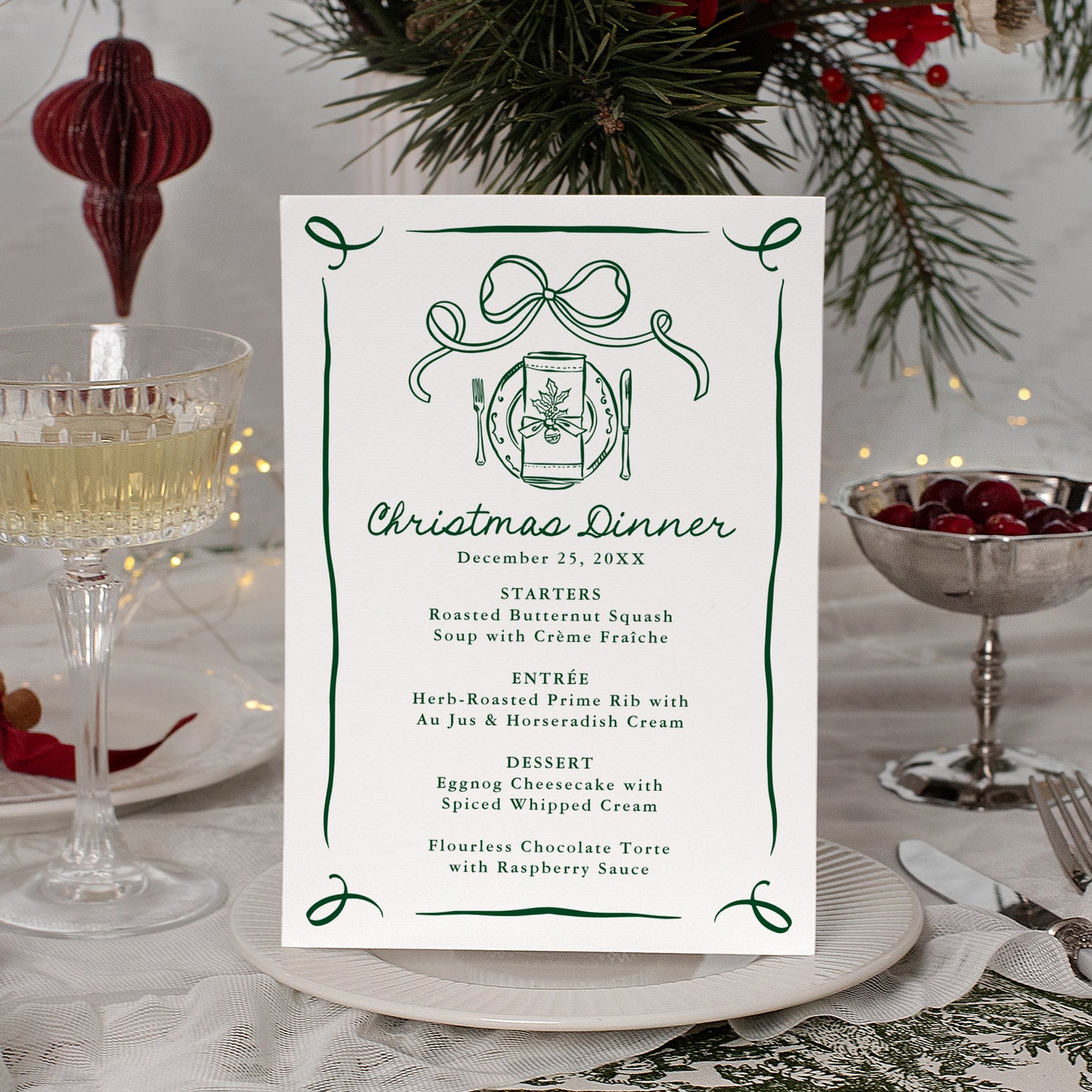 Whimsical Hand-Drawn Green Bow Christmas Dinner Menu | Corjl Template