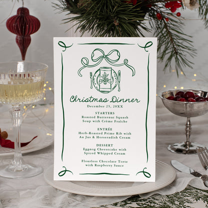Whimsical Hand-Drawn Green Bow Christmas Dinner Menu | Corjl Template